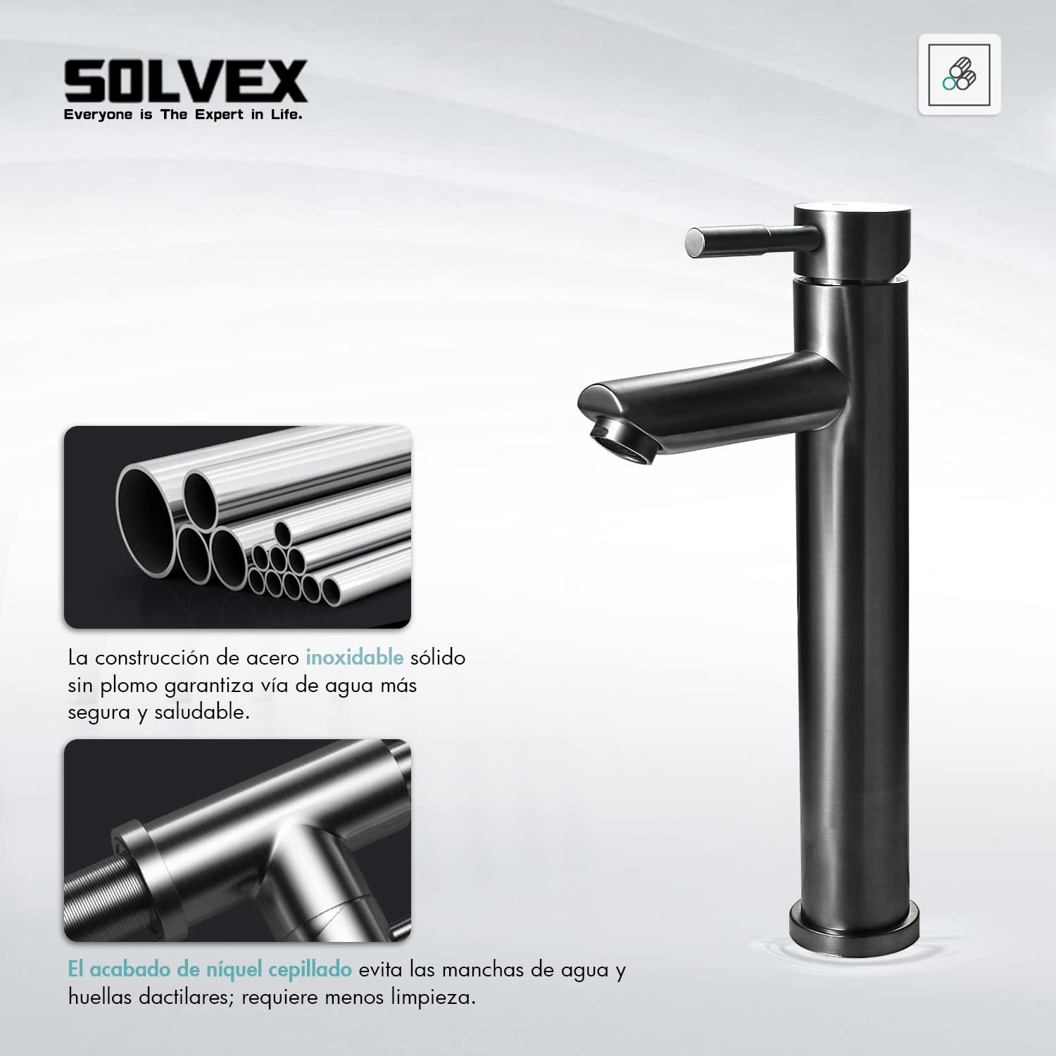 Solvex SP-10032-G miscelatore lavabo nichel spazzolato alto