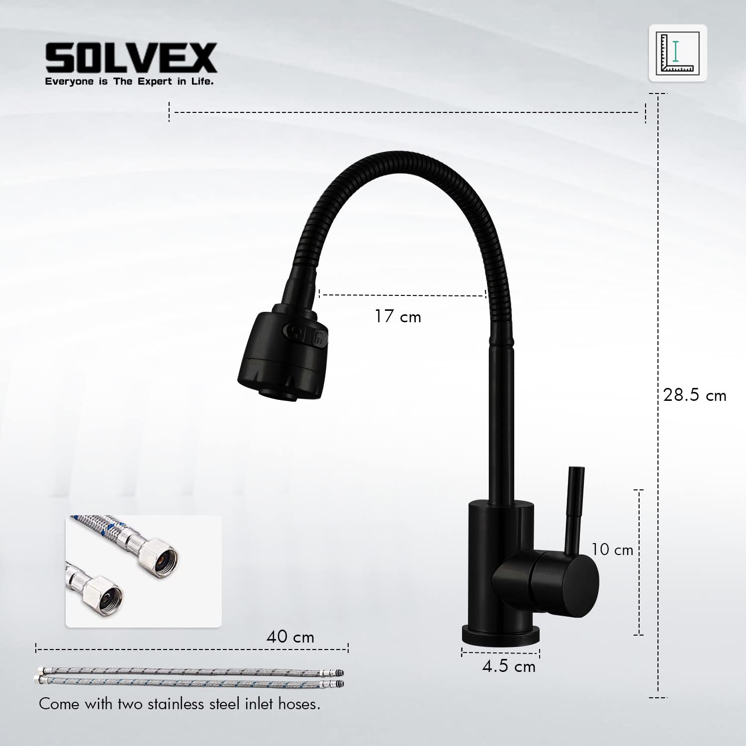 Solvex SP-10017 Rubinetto Cucina Nero con Doccetta 360°