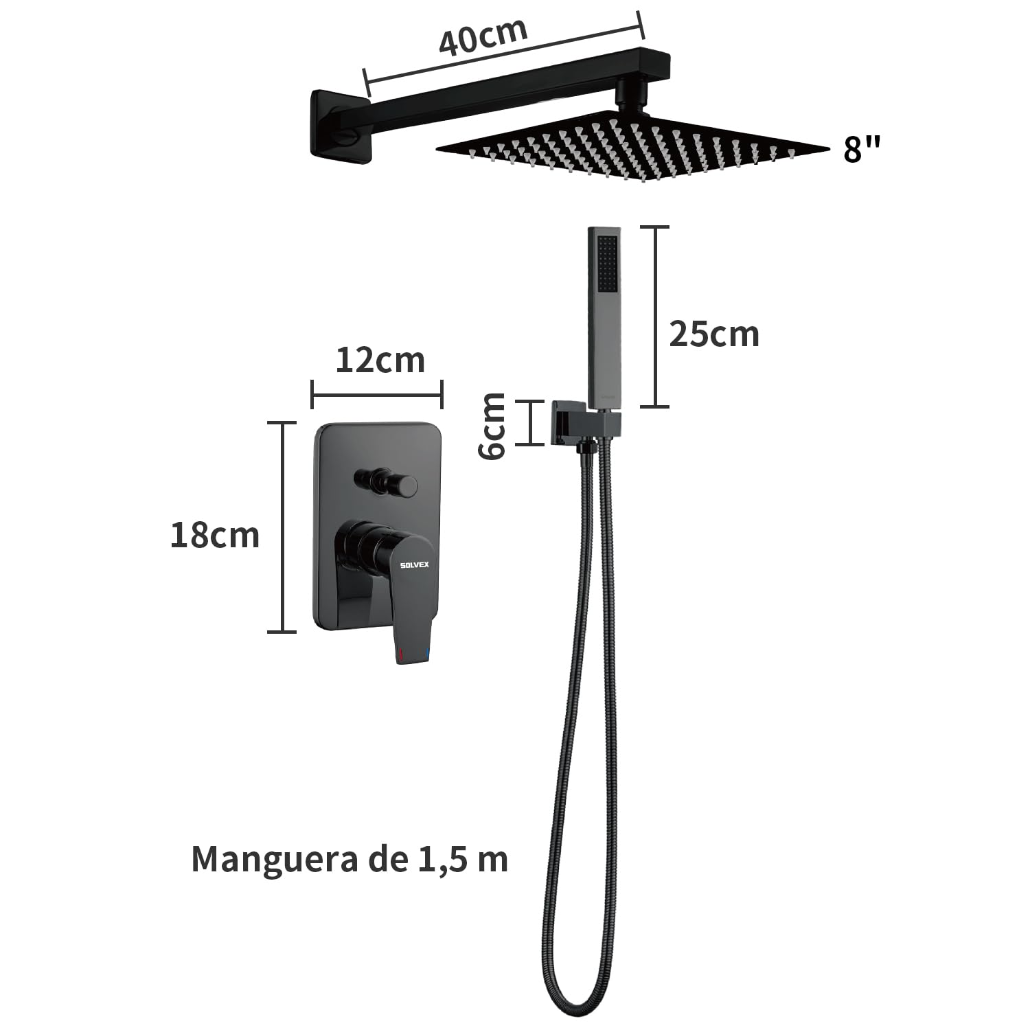 SOLVEX SP-90110 Set Doccia Incasso Nero Soffione 20x20 cm