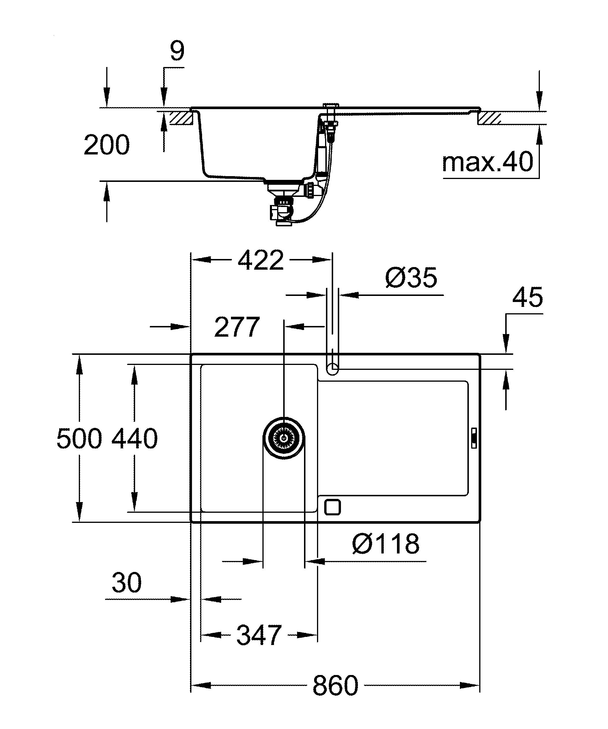 Grohe K500 50-C lavello cucina granite black 86x50 cm