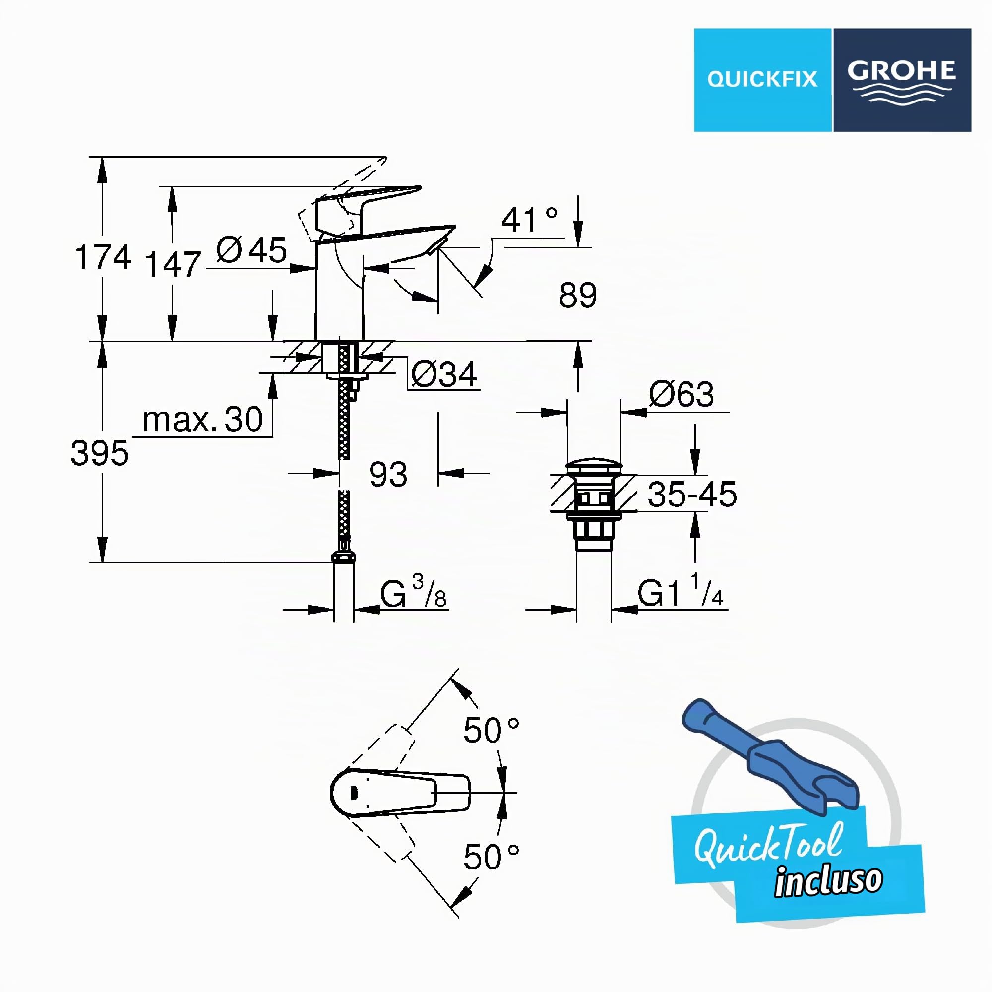 Grohe Start Edge 23898001 miscelatore lavabo S cromo piletta