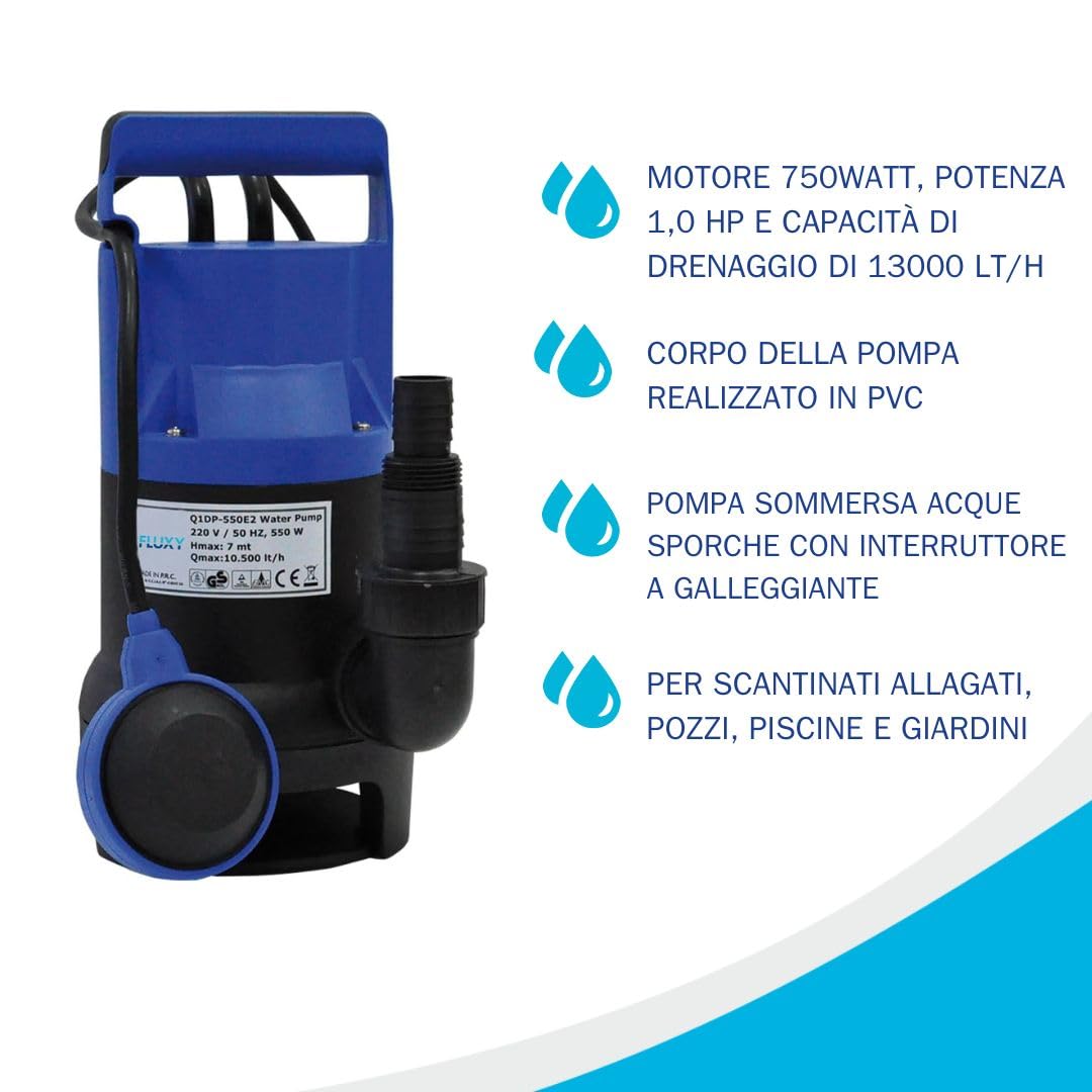 Fluxy pompa sommersa acque scure 750W in PVC