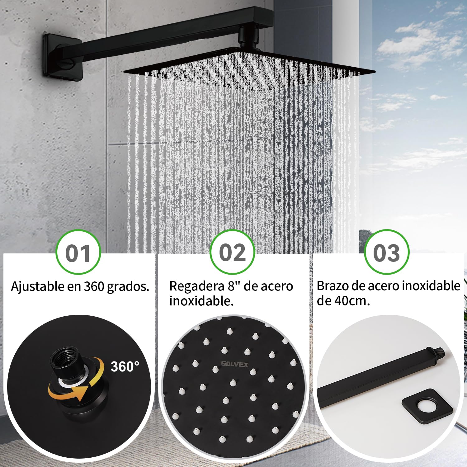SOLVEX SP-90110 Set Doccia Incasso Nero Soffione 20x20 cm