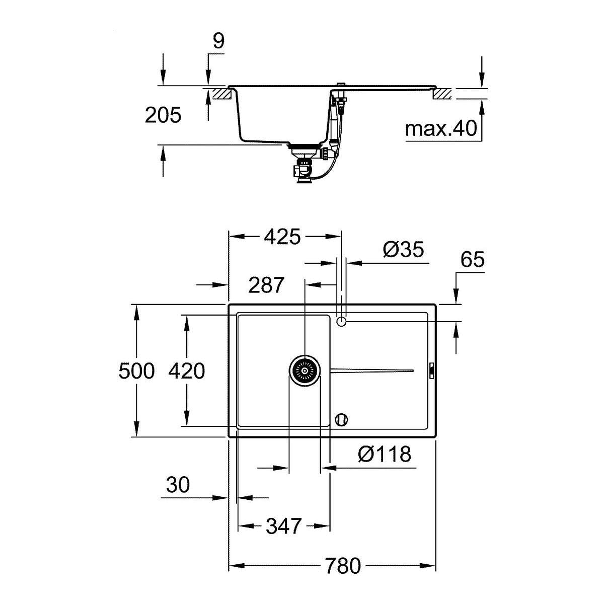 GROHE K400 Lavello Cucina Granito Nero 78x50 con Gocciolatoio