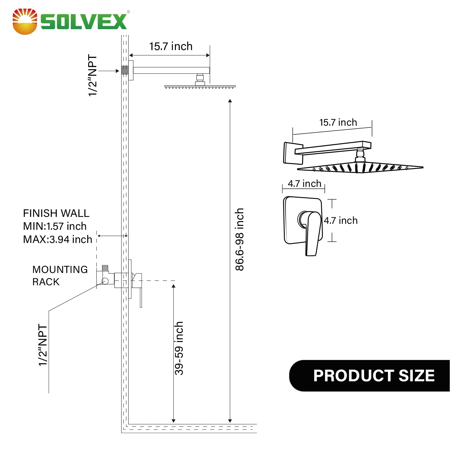 Solvex set doccia pioggia 8 pollici nero opaco acciaio inox