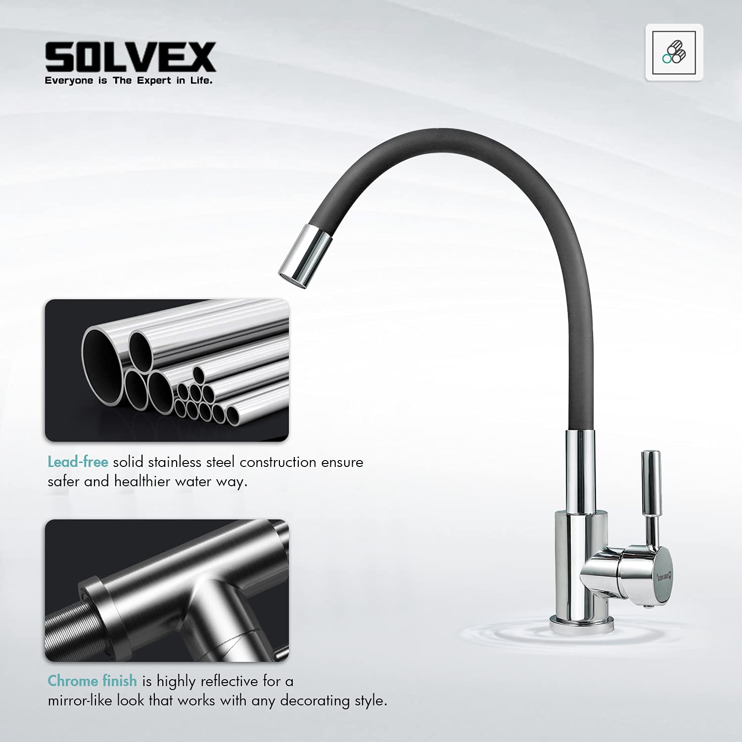 Solvex rubinetto cucina acciaio inox leva singola 360°