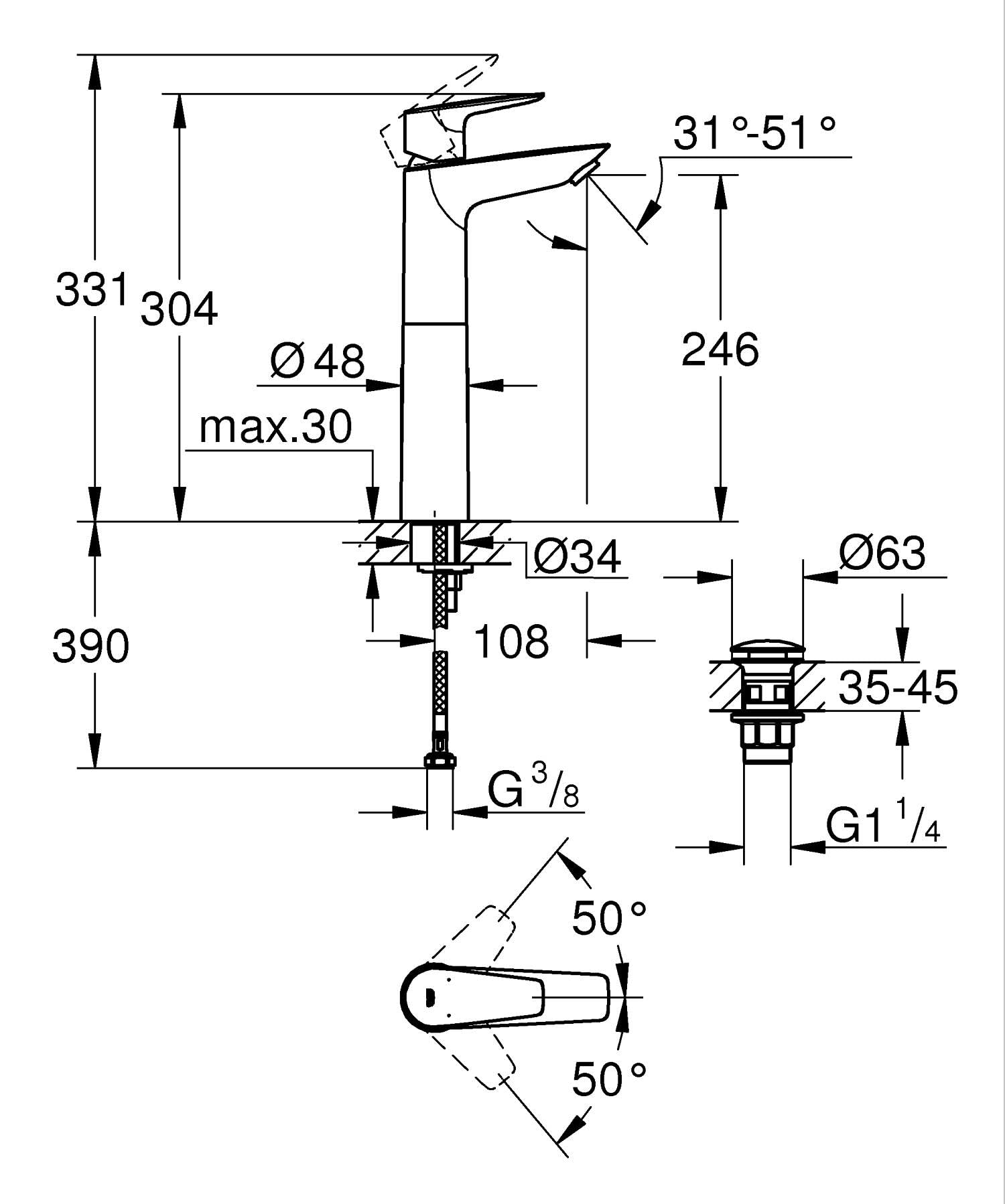 GROHE Start Edge miscelatore lavabo XL cromo con piletta